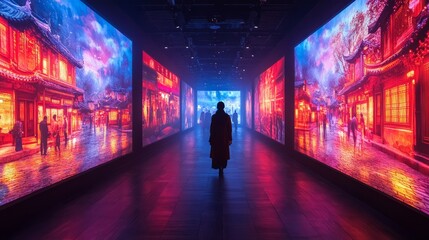 Immersive asian art exhibit with vibrant digital displays in a modern gallery