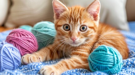 Adorable ginger kitten playing with colorful yarn balls on blue blanket