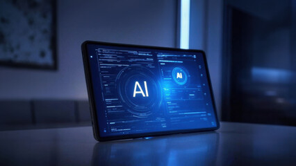 Futuristic computer with AI agents projecting a holographic interface