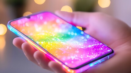 Close-up of hand holding smartphone with vibrant, colorful display and lights.