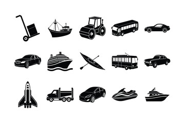 Black Transportation Icons on White Background Vector Set
