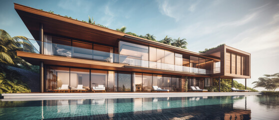 Obraz premium A wide-angle shot of a modern beachfront mansion featuring an infinity pool