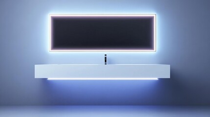 Floating vanity with integrated LED strips, glowing from beneath, futuristic vibe