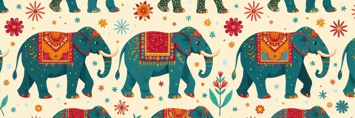 Fototapeta premium Cute boho Indian elephant seamless pattern Vintage style, whimsical illustration , spiritual, textile