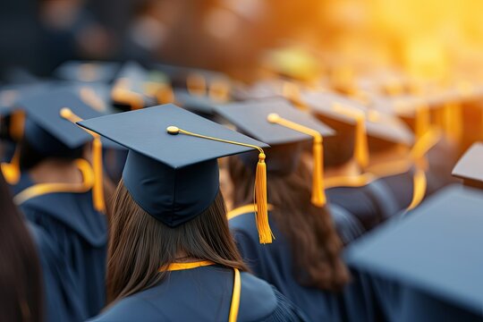 University campus, college event or school graduation ceremony. Students with education, learning or employment opportunity