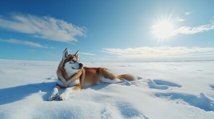 Naklejka premium Siberian husky relaxing in snow-covered landscape on a sunny day