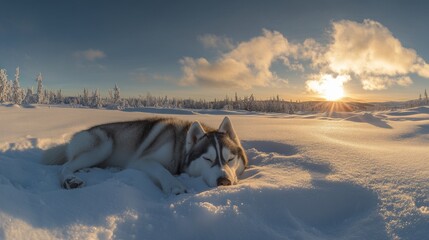 Alaskan husky sleeping peacefully in snowy winter landscape at sunset