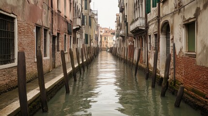 Naklejka premium Narrow canal in Venice, Italy, with aged buildings and wooden pilings.