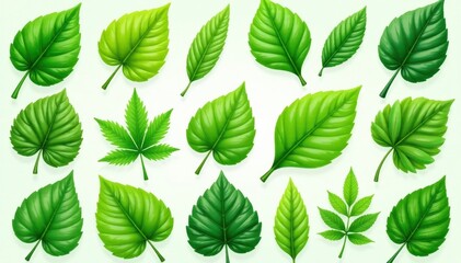 Fototapeta premium Collection of glossy green leaves, various shapes, seamless, assortment, plantlife