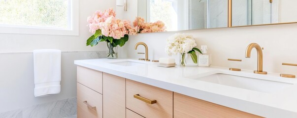Floating vanity with matte brass accents, enhancing a warm and inviting bathroom design