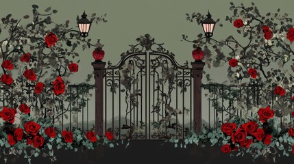 Romantic Rose Garden with Ornate Gate - A Vintage Floral Artwork