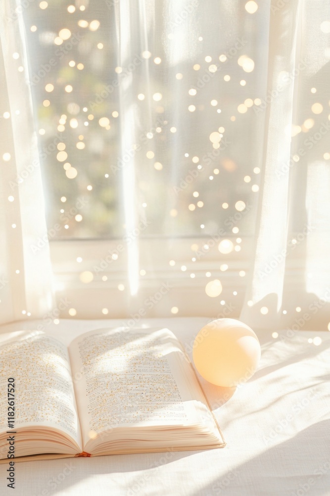 Poster celestial glow in a serene study room with open book and orb