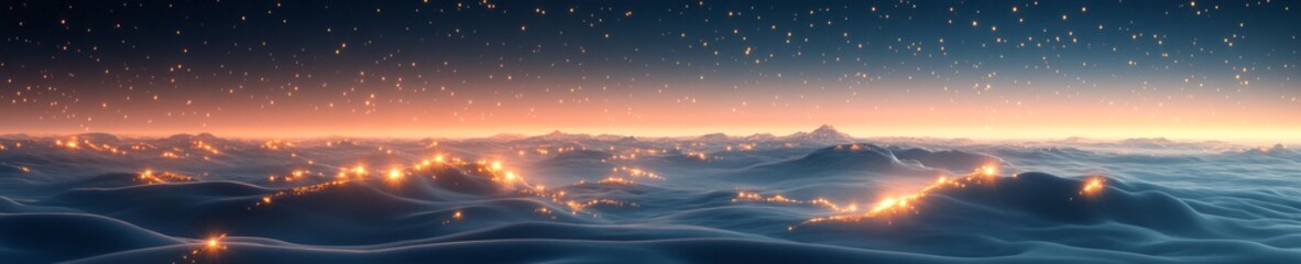 Fototapeta premium Celestial Landscape Ethereal Mist and Glowing Stars Over Surreal Mountain Scene at Twilight
