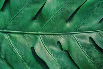 Large green leaf depicting intricate textures and patterns in a tropical setting during daytime