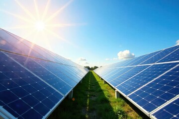 Rows of solar panels bathed in sunlight, vivid blue sky backdrop , green, photography
