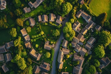 Fototapeta premium Scenic aerial view of a quaint village surrounded by lush greenery and winding roads at sunset