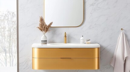 Floating vanity with soft gold finish and white marble top