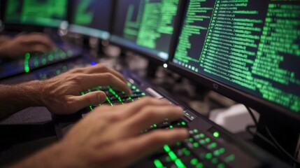 Obraz premium Hands typing on a green backlit keyboard with multiple screens displaying code and data in a dark environment