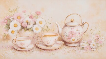 Fototapeta premium A Delicate Floral Tea Set: Pastel Teacups and Teapots in a Romantic Floral Scene