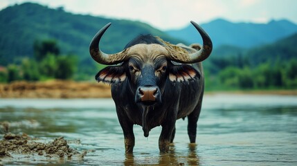 Naklejka premium Majestic Water Buffalo in Lush Natural Habitat