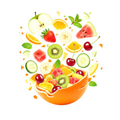 Exploding Fruit Salad: Vibrant Slices of Watermelon, Kiwi, Orange, Apple, Strawberry, Banana and Cherries in a Broken Orange Bowl.