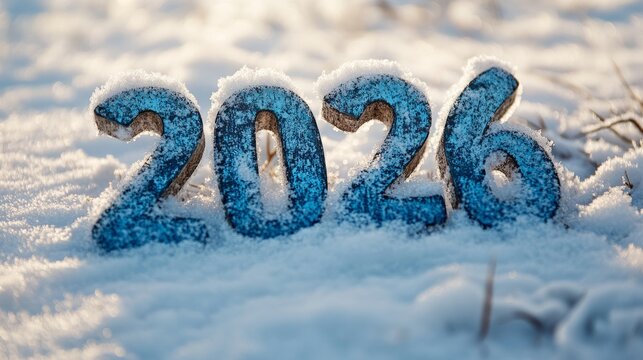 Frosty winter scene featuring sparkling blue 2026 numerals in snowy landscape