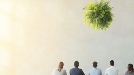 Diverse Team in Modern Office Brainstorming Session Under Greenery