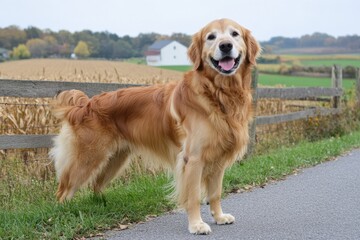 A golden retriever standing on the road, with a happy expression, against a background of a farm in the distance and sunlight Generative AI