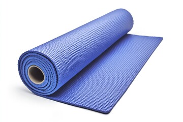 A blue yoga mat rolled up on a white background, suitable for various fitness and wellness themes