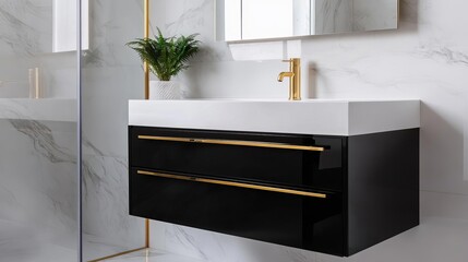 High-gloss black floating vanity with gold accents, set in a luxury penthouse bathroom, dramatic and bold