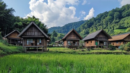 Obraz premium Wooden Village Homes in a Lush Valley