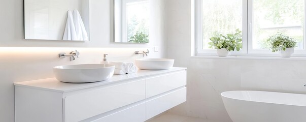 High-gloss white floating vanity with under-cabinet lighting