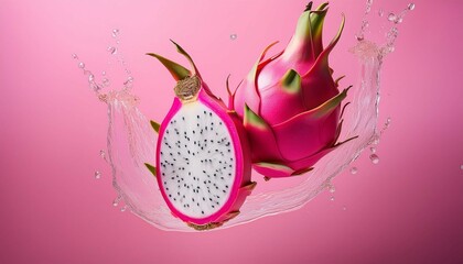 vibrant dragon fruit slices float against a playful pink backdrop