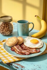 Food photography with a yellow and blue pastel background, a close-up of breakfast featuring bacon on the plate
