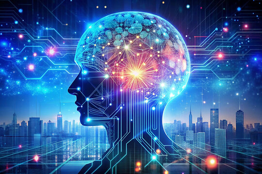 Futuristic AI head silhouette over city.