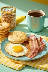 Food photography with a yellow and blue pastel background, a close-up of breakfast featuring bacon on the plate