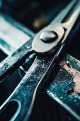 A pair of scissors resting on a metal strip, possibly used for cutting or crafting