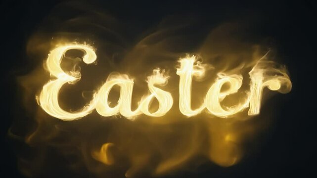 Easter text forming from golden particles and smoke on black background