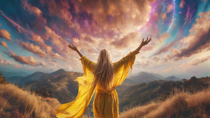 Rear view of a young blonde woman with long hair in a yellow hippie-style robe, standing and raising her hands to connect with a higher spirit as a golden-white light streams down from the sky.