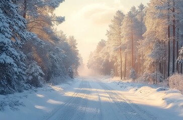 A snowy road in the forest, white snow covering the trees and ground, a clear sky with soft sunlight shining through the branches of pine trees.