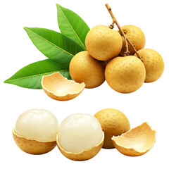 Photorealistic Asian Pear with Green Leaves and Peeled Fruit Segments on Transparent Background
