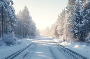 A snowy road in the forest, white snow covering the trees and ground, a clear sky with soft sunlight shining through the branches of pine trees.