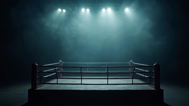 A dramatic boxing ring under spotlight, surrounded by fog, creating an intense atmosphere perfect for sports, fitness, and motivational themes.