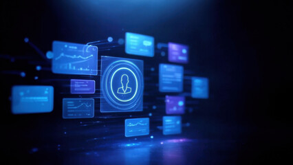 Futuristic computer with AI agents projecting a holographic interface