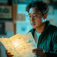 Korean Man Analyzing Football Strategy in Cinematic Light