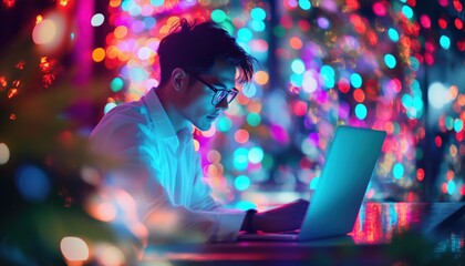 Business Man Utilizing Technology And Global Network On Virtual Screen For Iot, Digital Marketing, E-Commerce, And Paperless Office In Business.