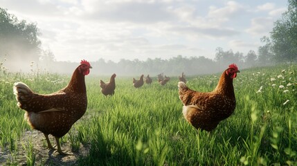 Flock of chickens grazing on a lush green field under a clear sky