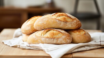 Fototapeta premium Crusty artisan loaves of bread on a kitchen table.