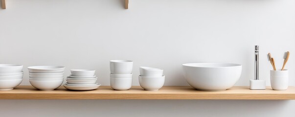 Scandinavian floating vanity in light ash wood, paired with white ceramic elements