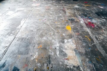 Colorful splashes and marks on a worn concrete floor in an artist studio during daylight hours